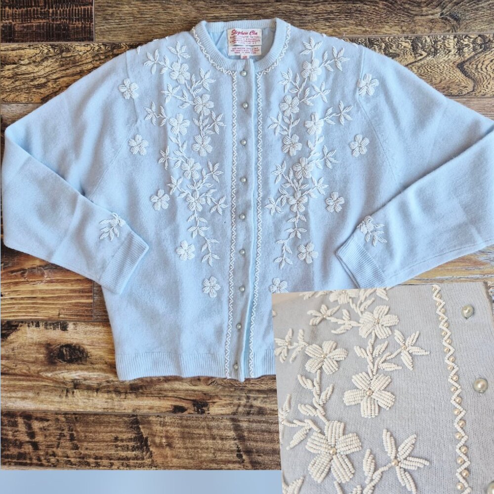 Vintage Stephen Chu Beaded Pearl Rabbit Hair Lamswool Cardigan Lined Blue